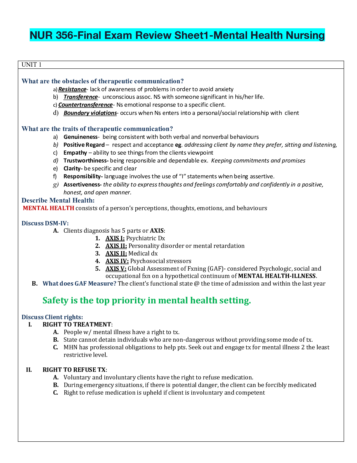 Preview of NUR 356-Final Exam Review Sheet1-Mental Health Nursing